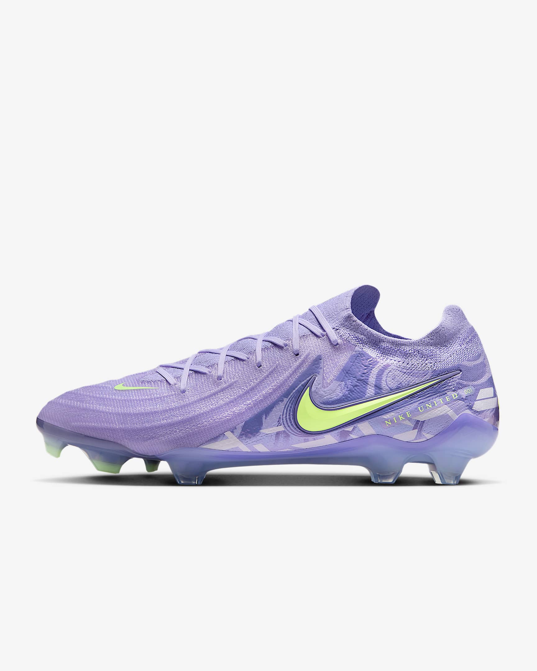 Nike Phantom GX 2 Elite soccer cleats with a purple upper part and green Nike logo, designed for firm ground play.